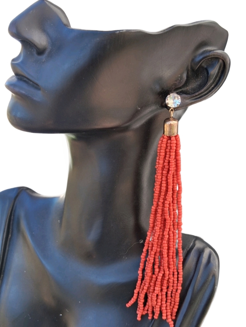 Vintage 80s Coral Red Seed Bead Tassel Earrings Clear Rhinestone Post